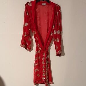 Luxurious Red Sheer Robe with Gold Embroidery